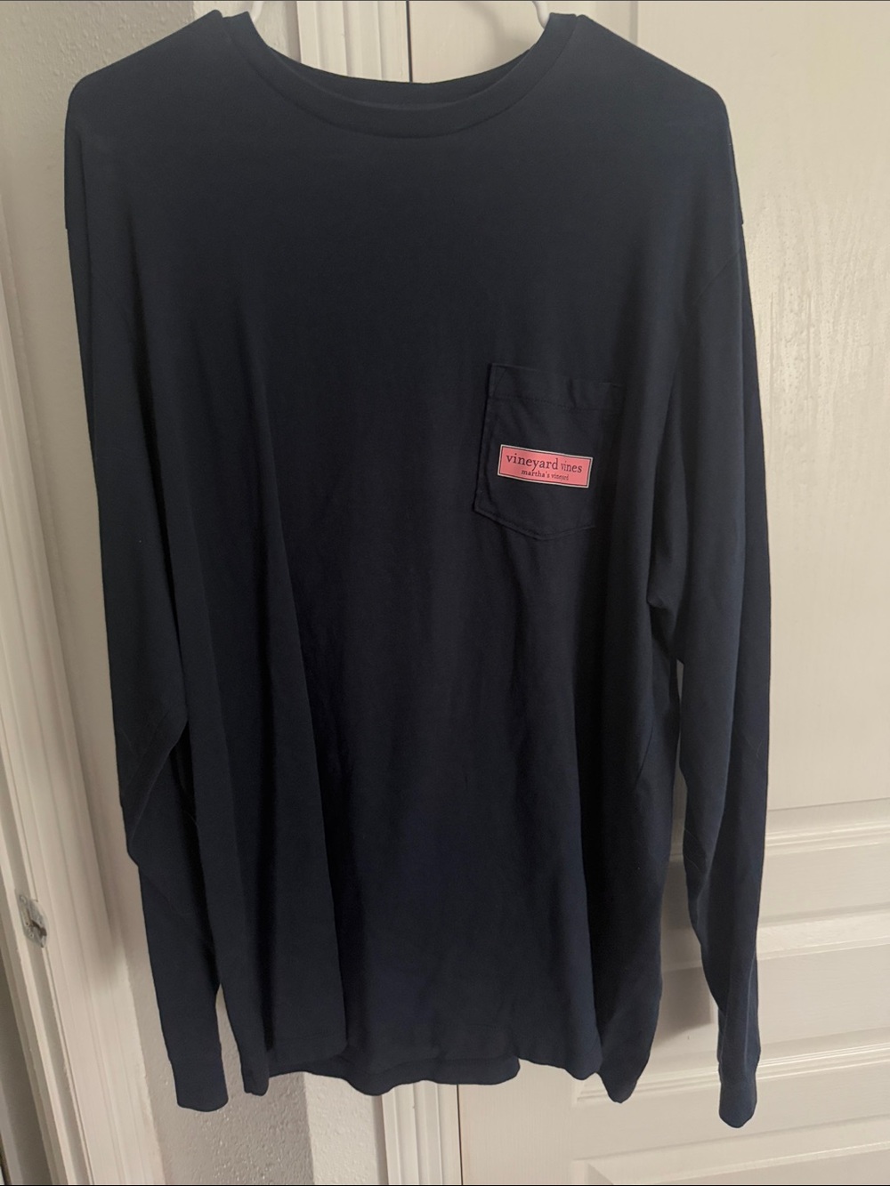 Vineyard Vines Navy Long-Sleeve Pocket Tee with Pink Logo Patch